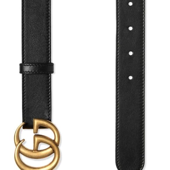 Gucci GG Thin Leather Belt with Double G Buckle Black Gold 75 - Picture 2 of 3